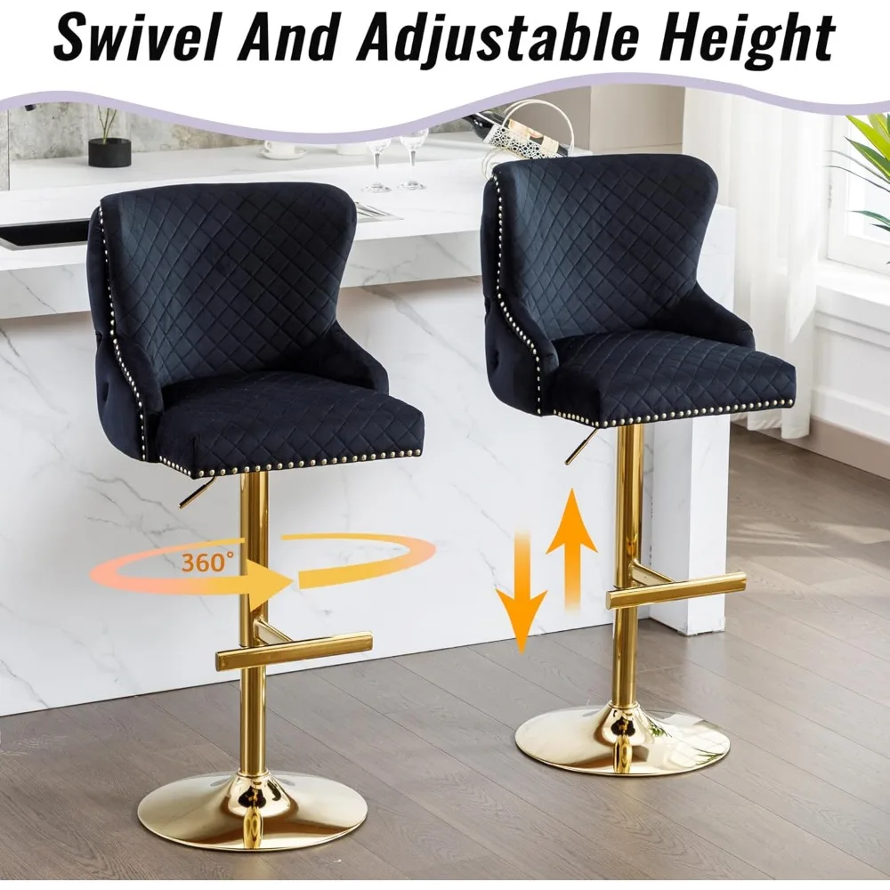 Luxury Velvet Barstools Set of 2, Height Adjustable Swivel  with Lion Head Pull Ring, Modern Button Tufted Back Bar Stools