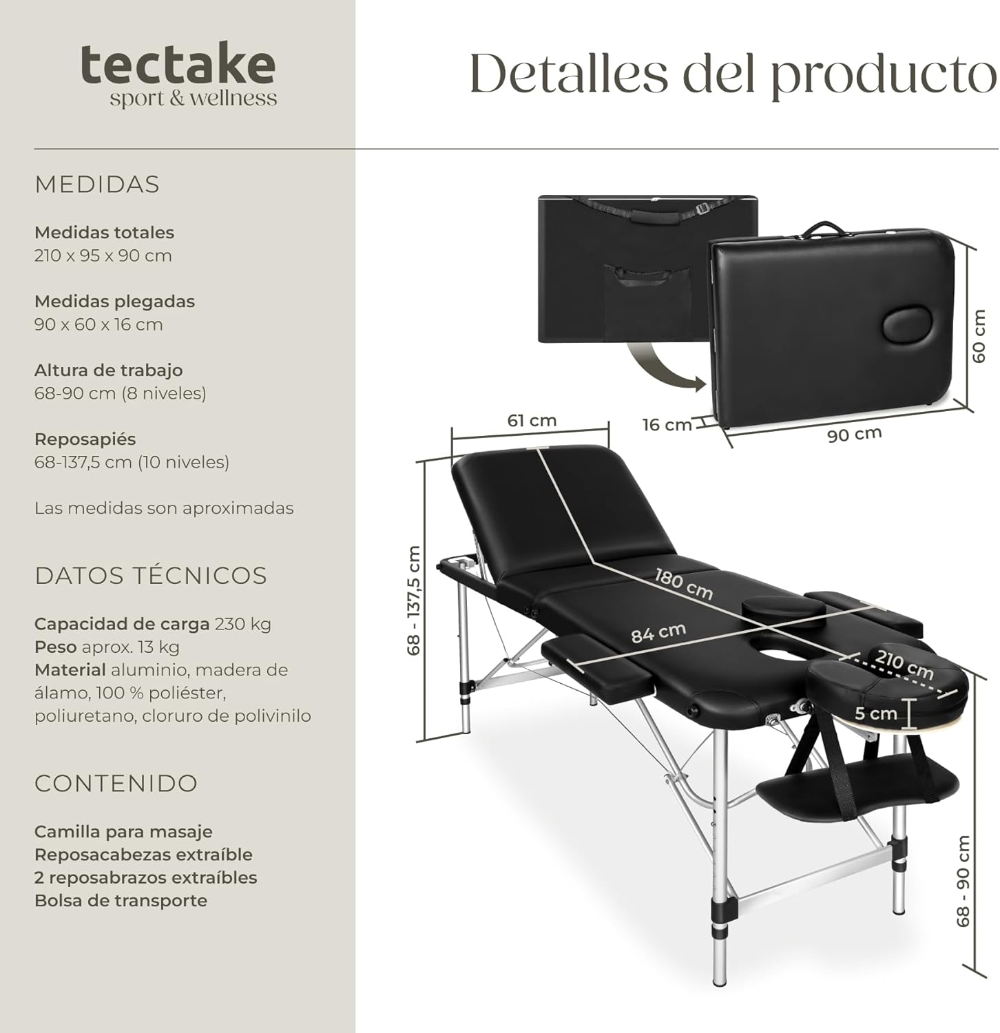 Camilla de Masaje Mesa de Masaje Banco Masaje en Aluminio 3 Zonas (No. 401045 )