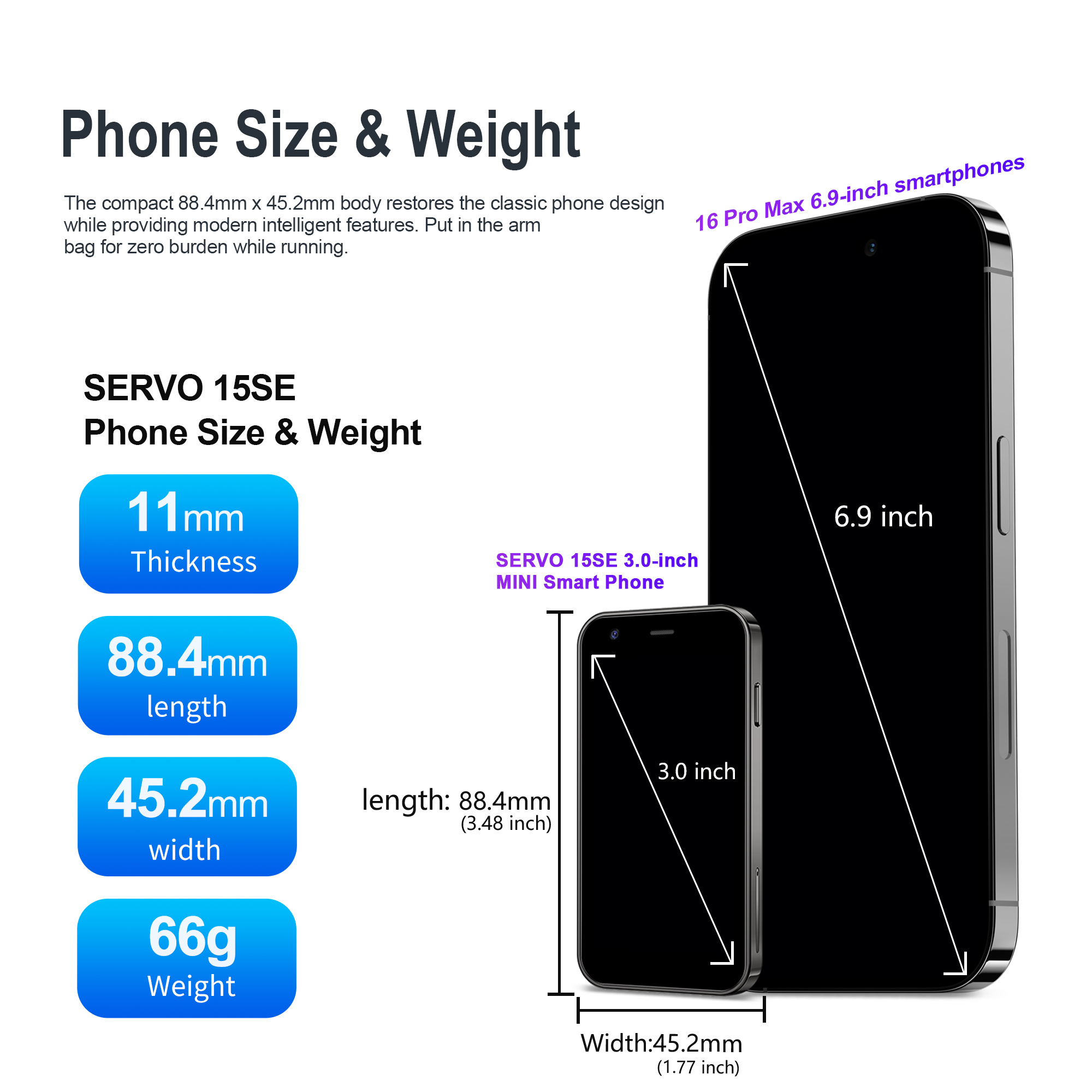 SERVO Mini Smartphone 3.0" Display 2GB+16GB 3G WCDMA Facial Recognition WiFi GPS Play Store Android Smart Phone Dual SIM Standby