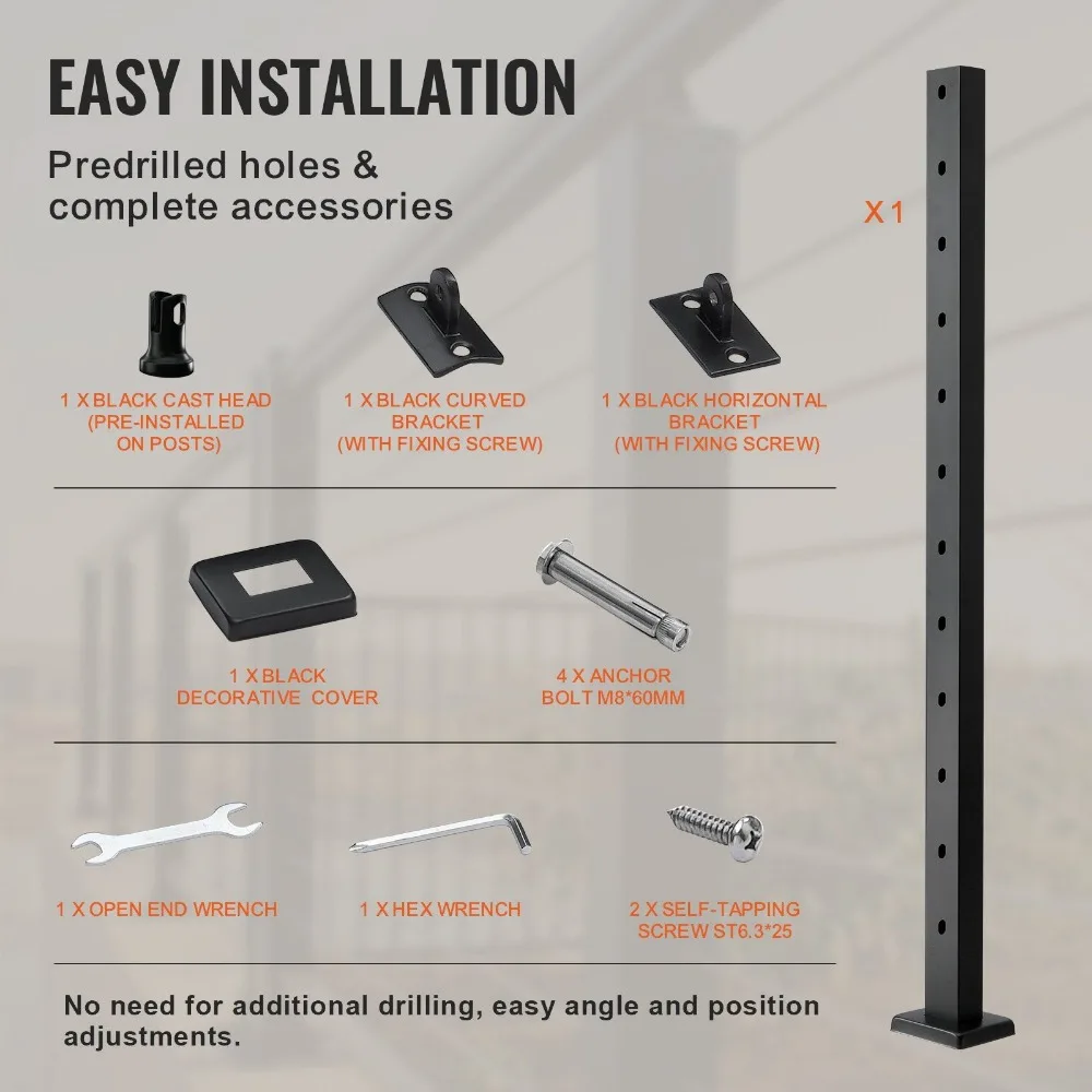 Balustrades Post, 42" X 1" X 2" Steel 30° Angled Hole Stair Railing Post,12 Pre-Drilled Holes with Horizontal and Curved Bracket