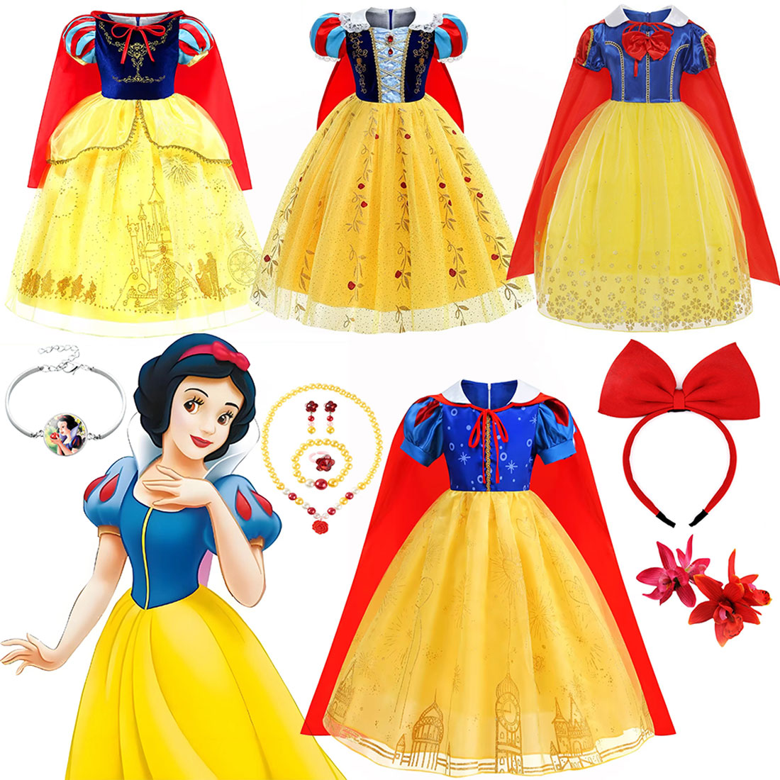 Disney Mädchen Schneewittchen Prinzessin Kleid für Mädchen Halloween Festival Spitze Ballkleid Kinder Fantasy Cosplay Cape Zubehör Set