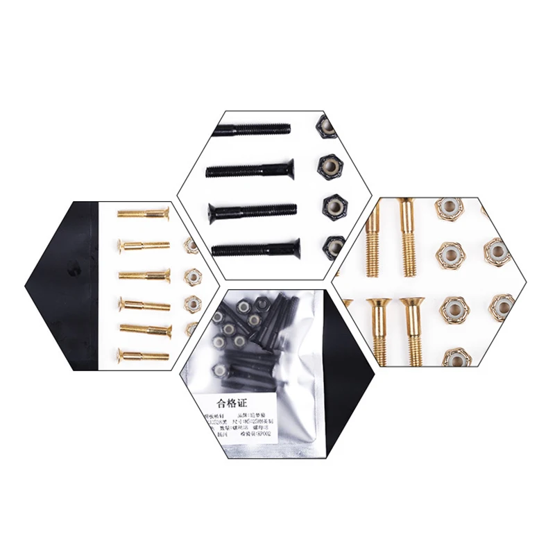 16 szt. Wymienne śruby + nakrętki 25-30 MM średni stal węglowa czarne/złote śruby śruby deskorolka na cztery koła akcesoria do longboardu