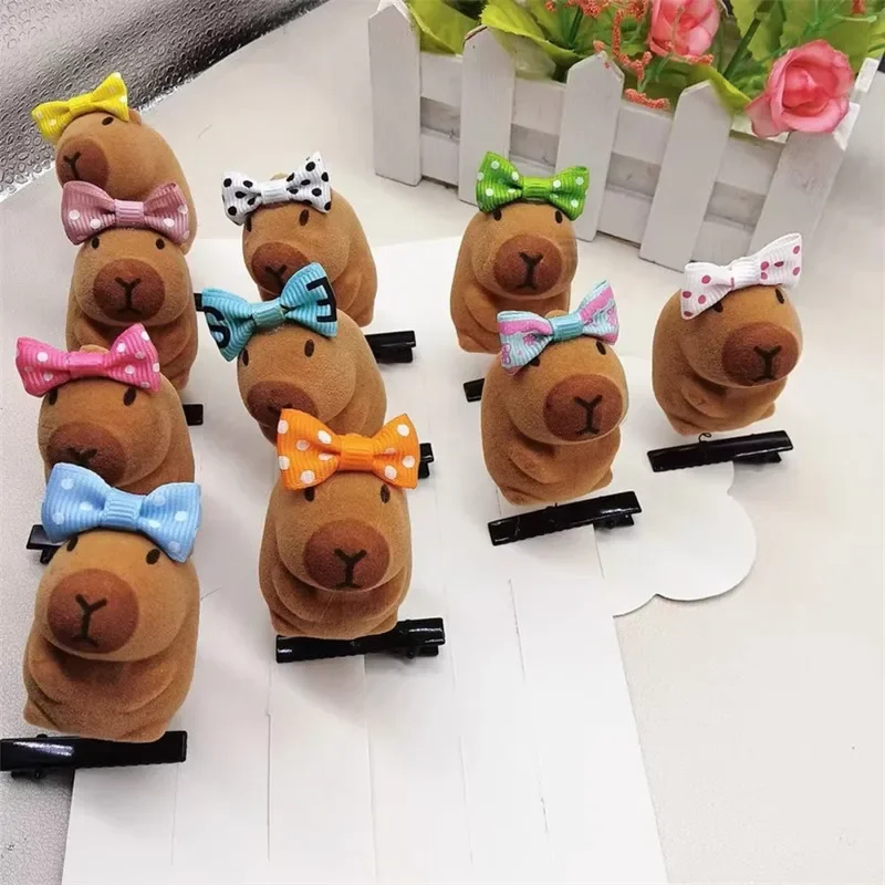 10 Uds. Pinza para el pelo Kawaii moda niños arco 3D Capybara Animal horquilla de felpa estilo divertido Clips de pico de pato tocado regalos