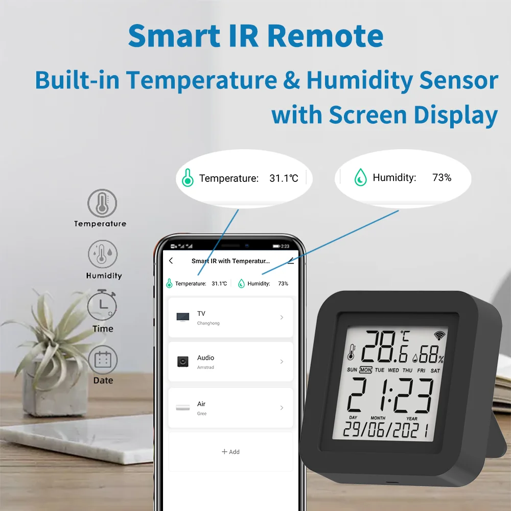 Tuya Smart Universal IR Remote พร้อมเซ็นเซอร์อุณหภูมิความชื้นสําหรับเครื่องปรับอากาศทีวี AC ทํางานร่วมกับ Alexa Google Home Yandex