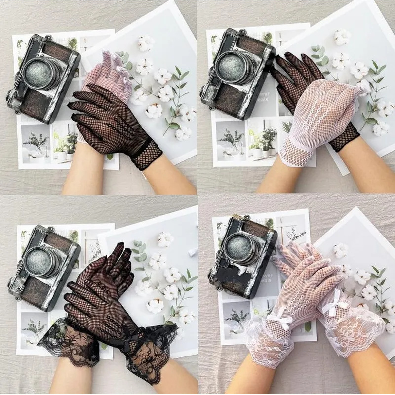 Gants ajourés en dentelle Lolita pour filles, étiquette de cérémonie pour femmes, mitaines fines en maille, gothique Punk, gant Sexy, noir, blanc, élastique doux