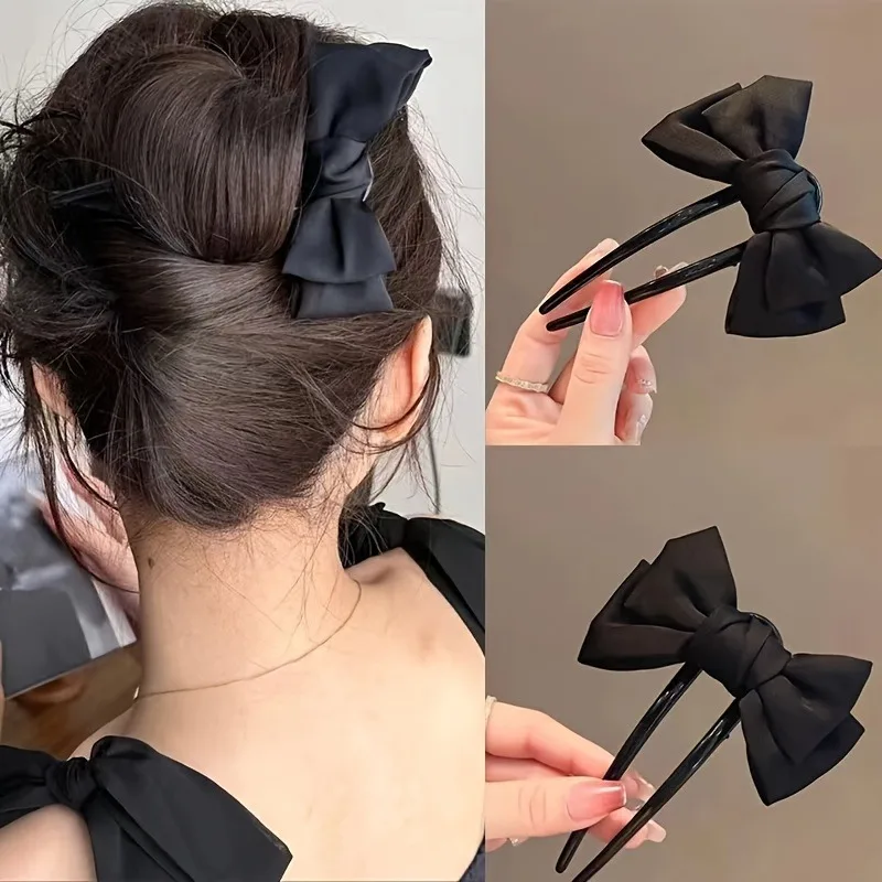Pinza para el pelo en forma de U con lazo para mujer, accesorio de uso diario para niña, horquilla de Boutique negra elegante, 1 ud.