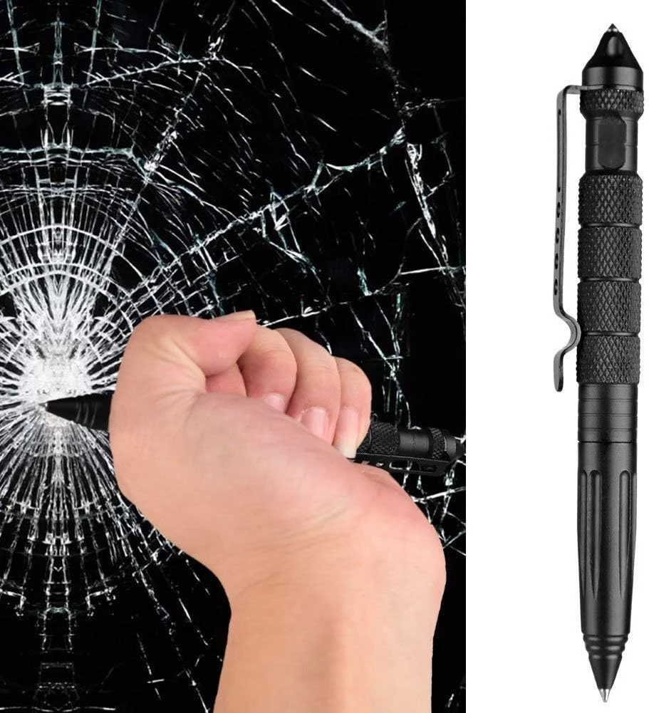 Caneta tática militar, caneta profissional de autodefesa, caneta disjuntor de vidro de emergência-aço de tungstênio, ferramenta de escrita com 6 recargas