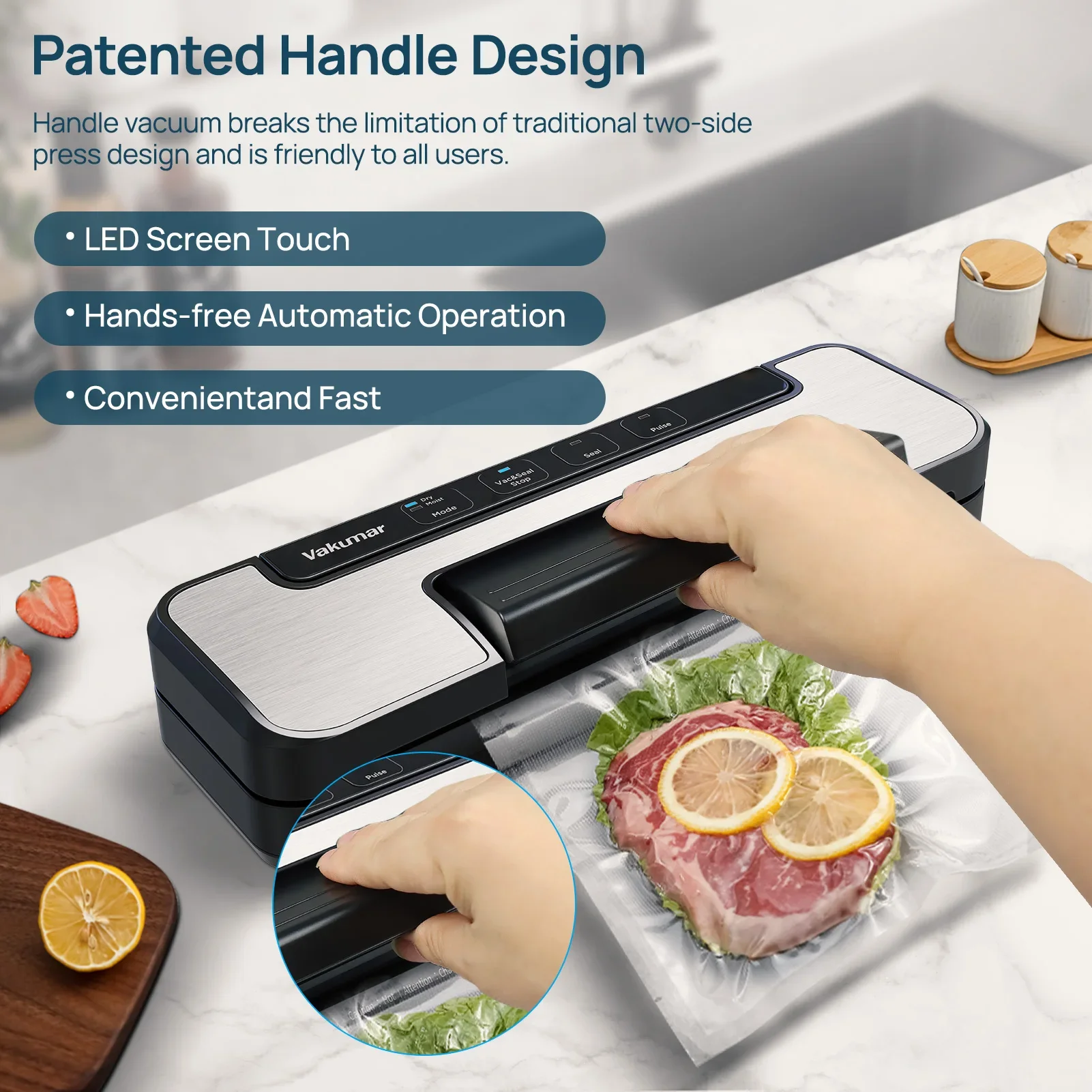 Vakumar VH1506 เครื่องซีลสูญญากาศ sous vide Handle type 80Kpa มัลติฟังก์ชั่นและสะดวกเครื่องซีลสูญญากาศในครัวเรือน
