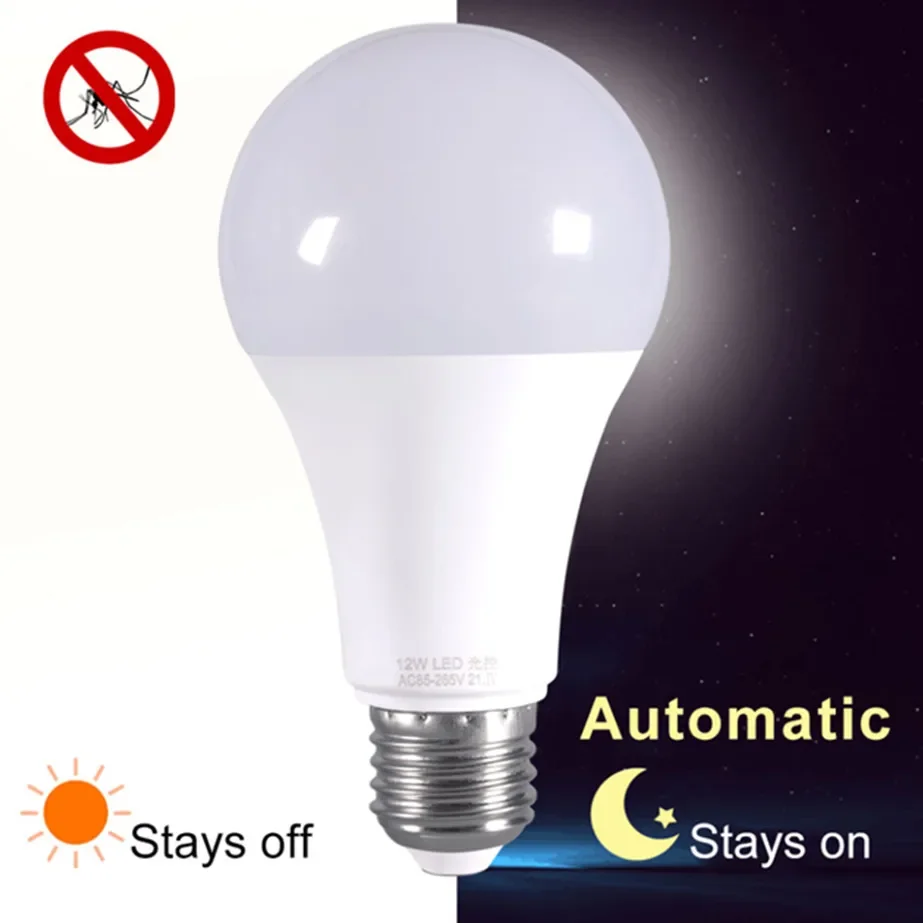 Bombilla LED E27 con Sensor de Control de luz, 15W, 12W, 9W, 7W, 5W, AC85-265V, luz de día y noche, encendido automático, lámpara inteligente para Patio y porche para jardín
