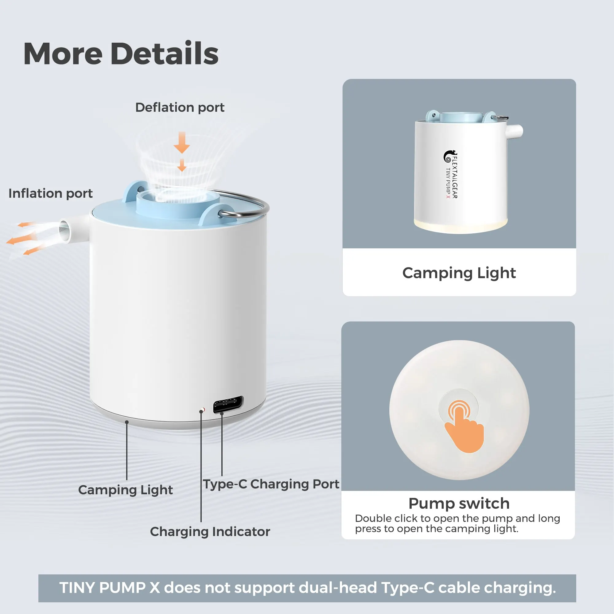Bomba de ar portátil FLEXTAIL, mini bomba de acampamento com luz, carregamento USB-C, ideal para almofadas de dormir, colchão de cama de ar, sacos de vácuo