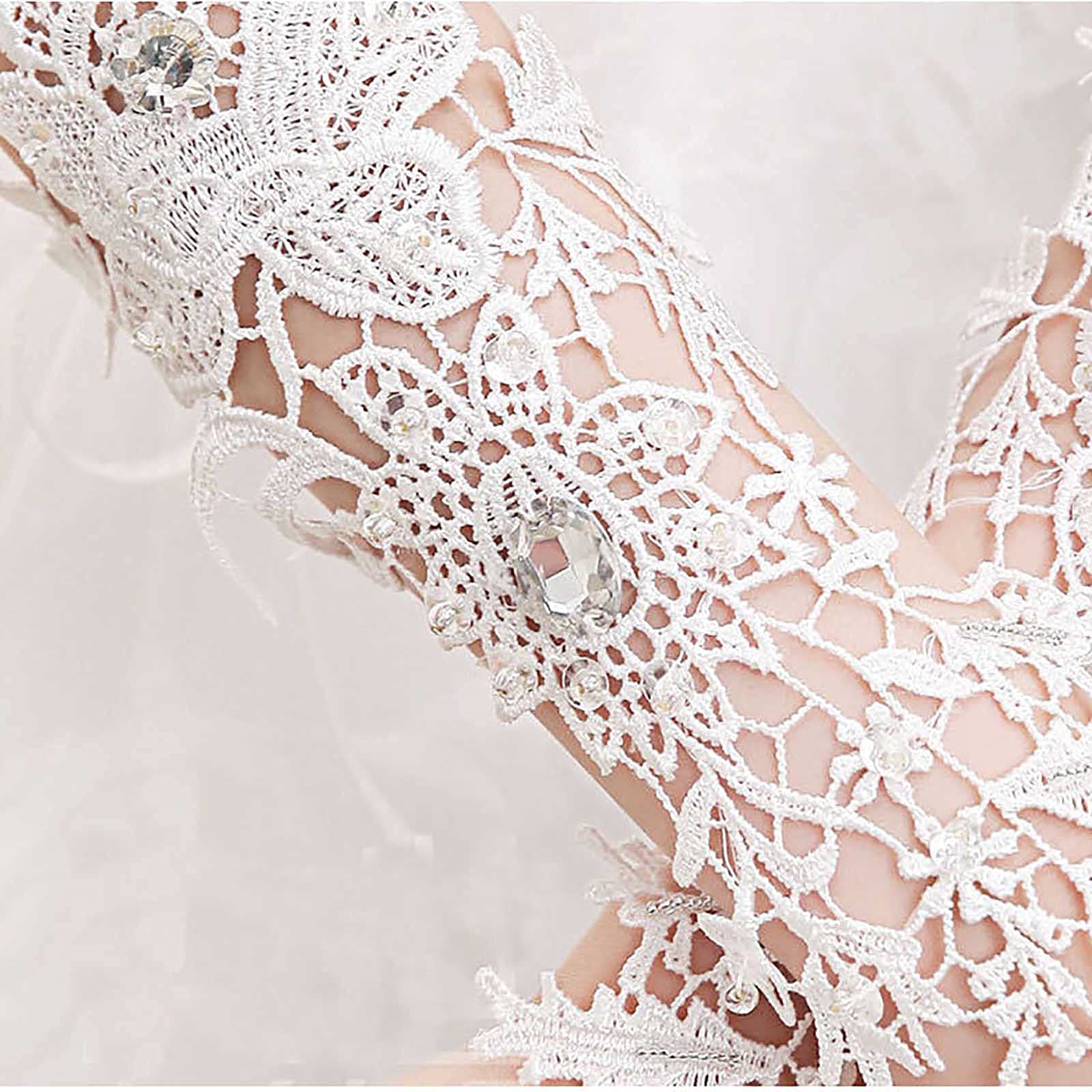 Lace Crystal Women’s Wedding Gloves Fingerless Elbow Bridal Floral Ivory Long Accessory for Bride