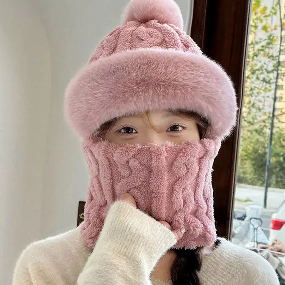 Chapéu de inverno para mulheres com capuz máscara facial fluff manter quente engrossar estilo pescoço cachecol com capuz gorro de malha cashmere pescoço mais quente