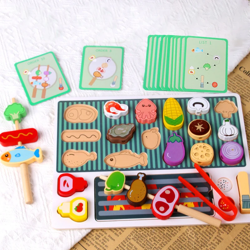 Set di giocattoli per barbecue in legno, esperienza di cottura Montessori, cibo per simulazione barbecue, giocattoli per case da gioco in legno, regalo per bambini