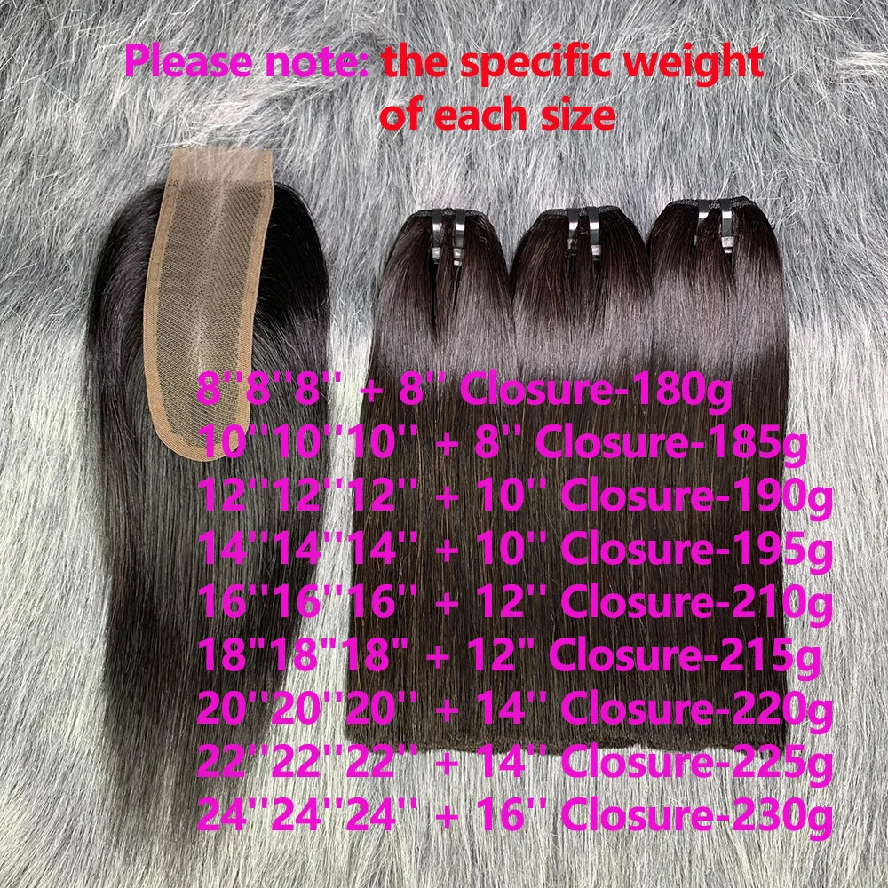 Bone Straight Raw Cabelo Humano Pacotes com Fecho, 100% 12A, Natural Black, 2x6 Lace, Kim K, 3 Pacotes