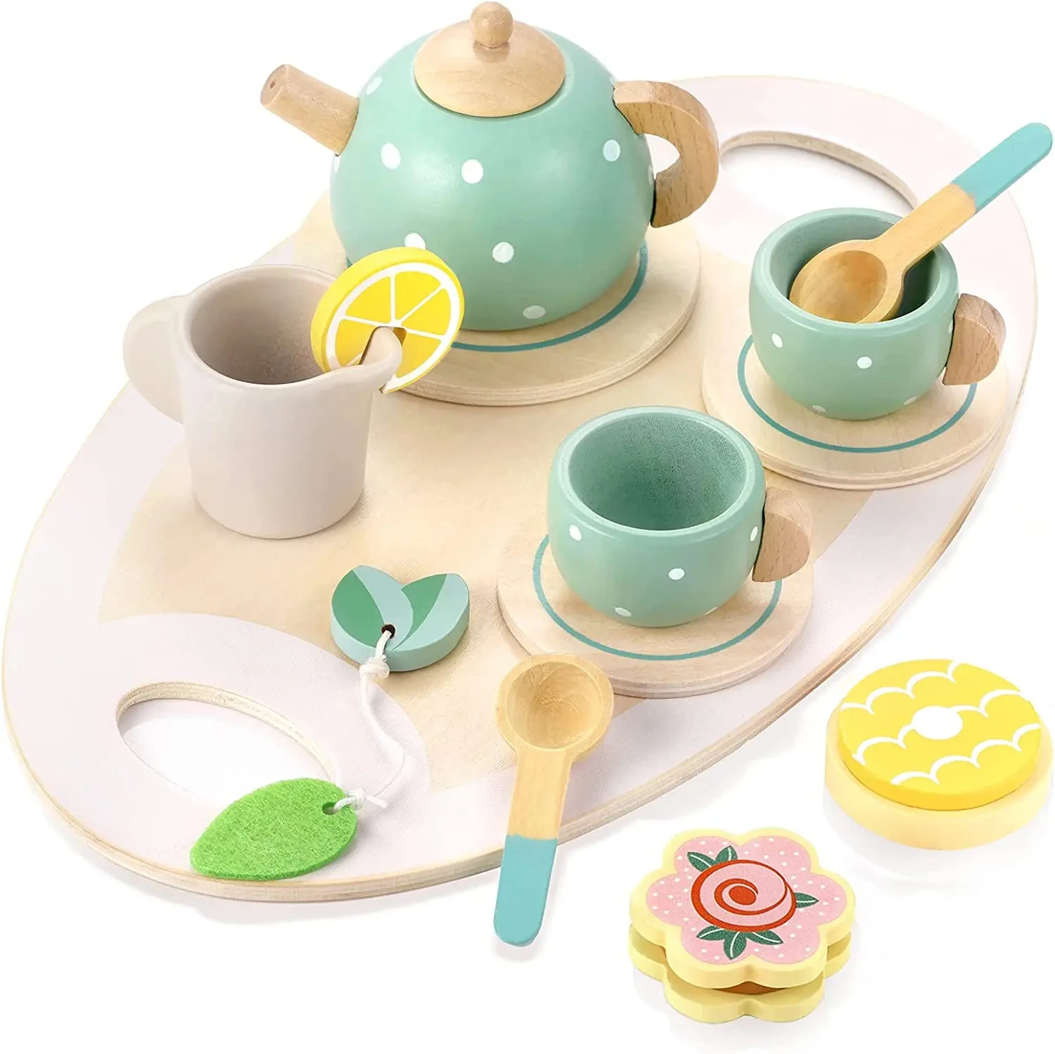 เด็ก Tea Party Tableware ไม้หัตถกรรมของเล่น Pretend Play ชุดสําหรับเด็กวัยหัดเดินของขวัญวันเกิดโปรดปรานของเล่นของขวัญ