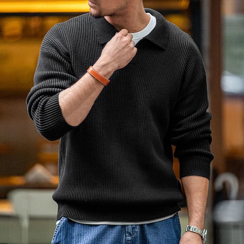 Maden Retro Polo Neck Knit Verticaal Geweven Poloshirt Luie Pullover Sweater Heren Herfst en Winter Revers Zacht Warm