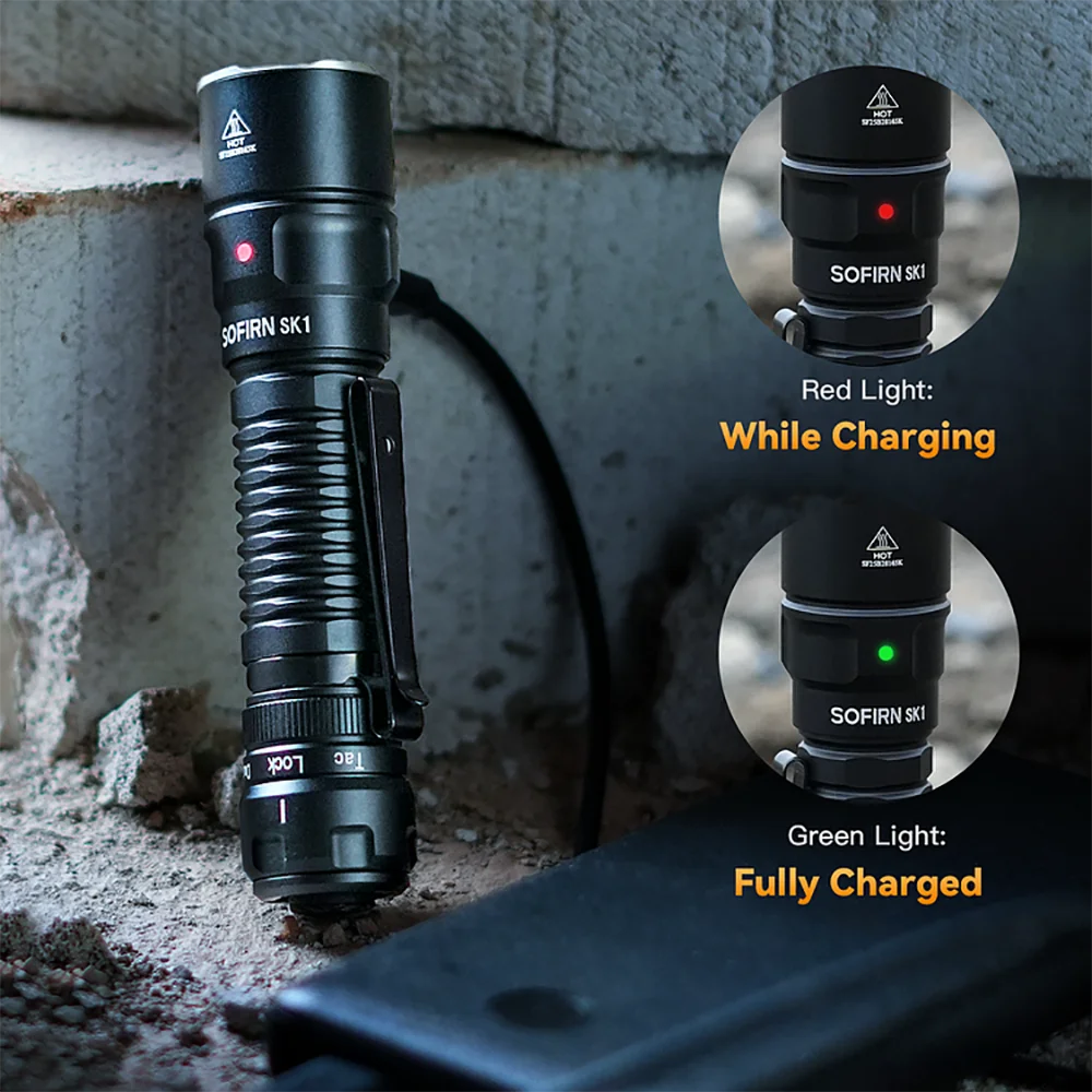 Sofirn SK1 Tactical Flashlight 479m 1300LM EDC Rechargeable SFT25R LED Spotlight Torch with Tail Switch and Rotary Switch