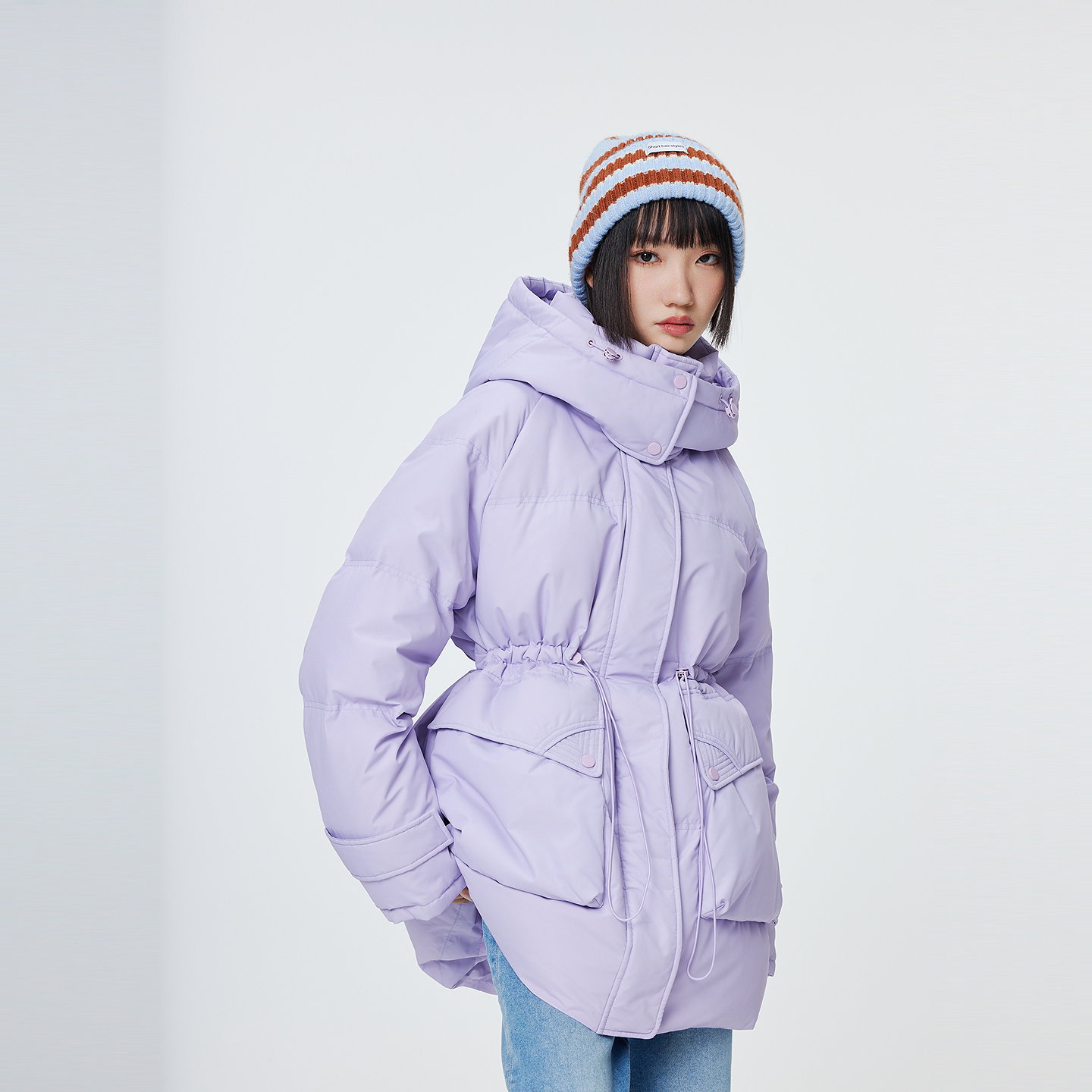 Metersbonwe Damen-Daunenjacke, übergroß, lang, mit Kapuze, verstellbar, Schweinenase, Schnalle, Taillengürtel, Utility-Entendaunenparka, warmer Winter