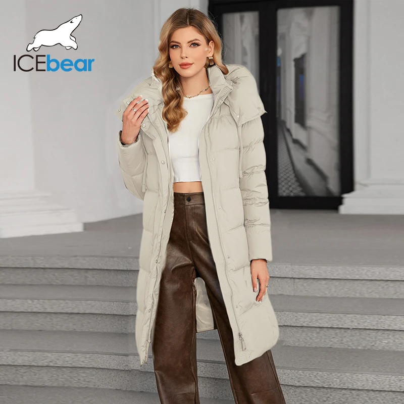 Icefbear 2024เสื้อโค้ทผู้หญิงขนเป็ด, เสื้อแจ็คเก็ตแฟชั่นอบอุ่นมีเชือกผูกมีฮู้ดเสื้อคลุมลำลองยาว GWD4617I ผู้หญิง