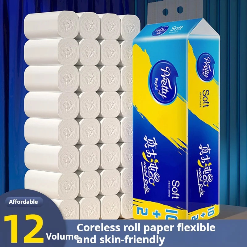 12 rollos de papel en rollo de caja completa con 4 capas de papel higiénico en rollo de núcleo engrosado