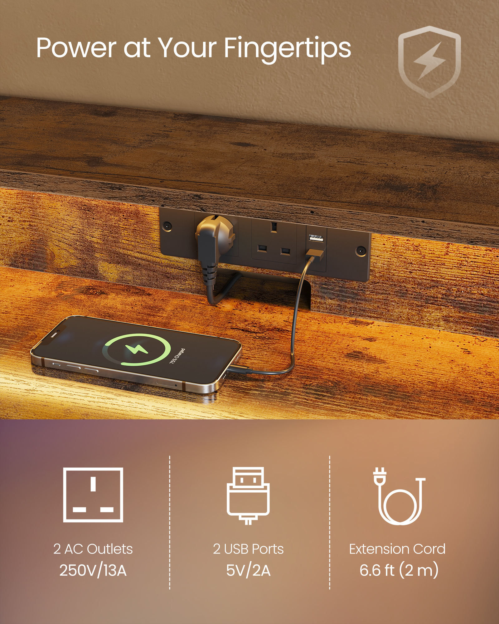 Gaming Desk with LED Lights and Built-In Power Outlets, Computer Desk with Monitor Shelf, 60 x 100 x 76 cm