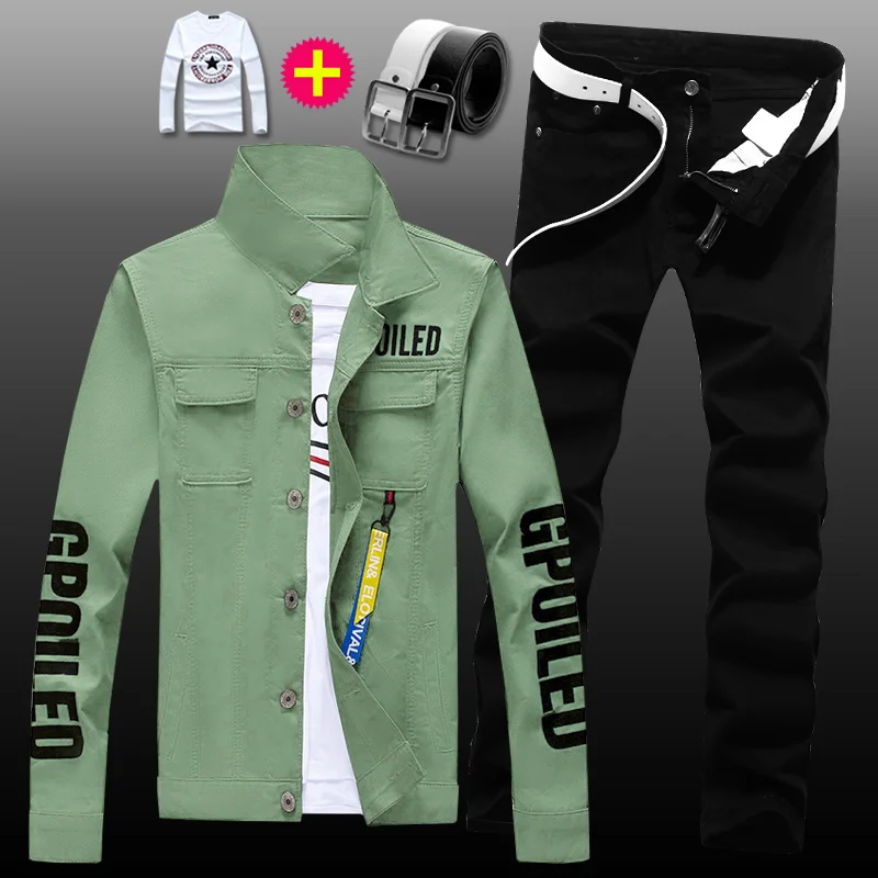 Conjunto de chaqueta vaquera para hombre, pantalones vaqueros ajustados, abrigo informal con letras impresas, con colgante, Color caramelo, 2 uds., novedad