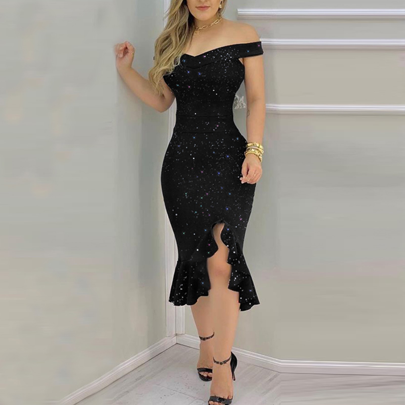 Vestido de verano de manga corta con hombros descubiertos para mujer, vestidos irregulares con volantes de lentejuelas, vestido de gasa Sexy
