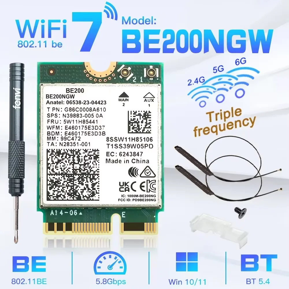 WiFi 7 для сетевой карты Intel BE200 Bluetooth 5,4 трехдиапазонный 2,4/5/6 ГГц 8774 Мбит/с Беспроводной адаптер BE200NGW M.2 лучше, чем Wi-Fi 6E