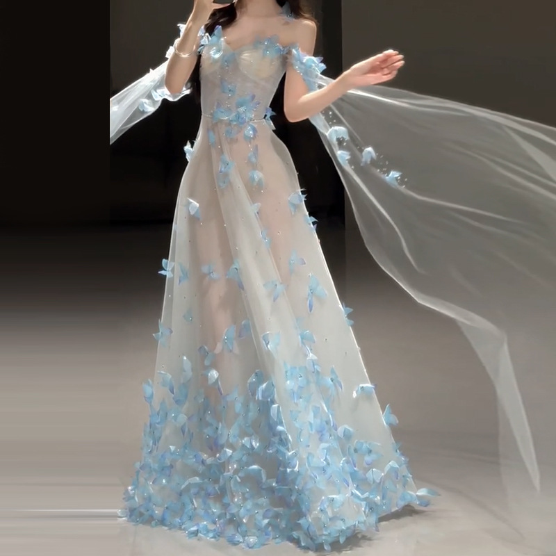 Súper fada fada luz azul a linha vestido de noite vestidos moda borboleta vestido de casamento simples sessão de fotos vestido de festa de aniversário