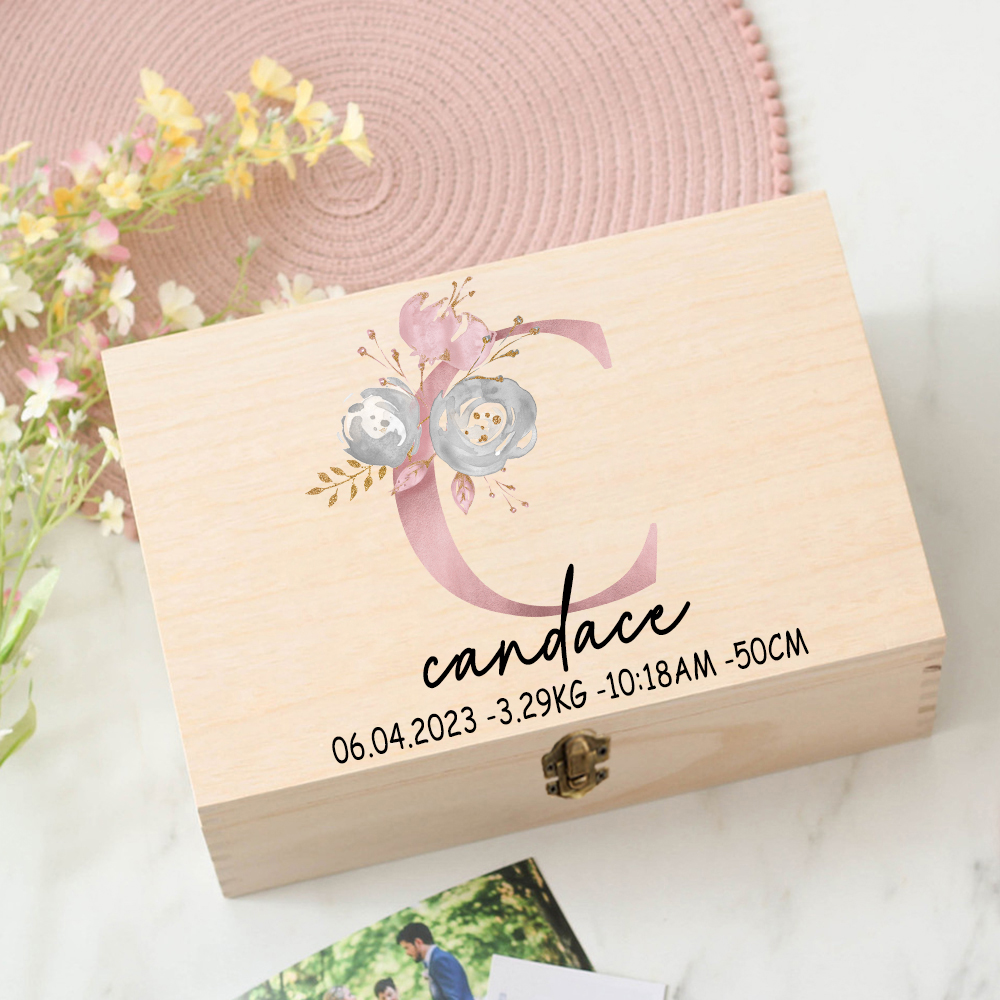 Caixa de lembrança de presente de bebê personalizada caixa de memória flor carta impressão caixa de madeira presente de chuveiro recém-nascido caixa de estatísticas de nascimento do bebê