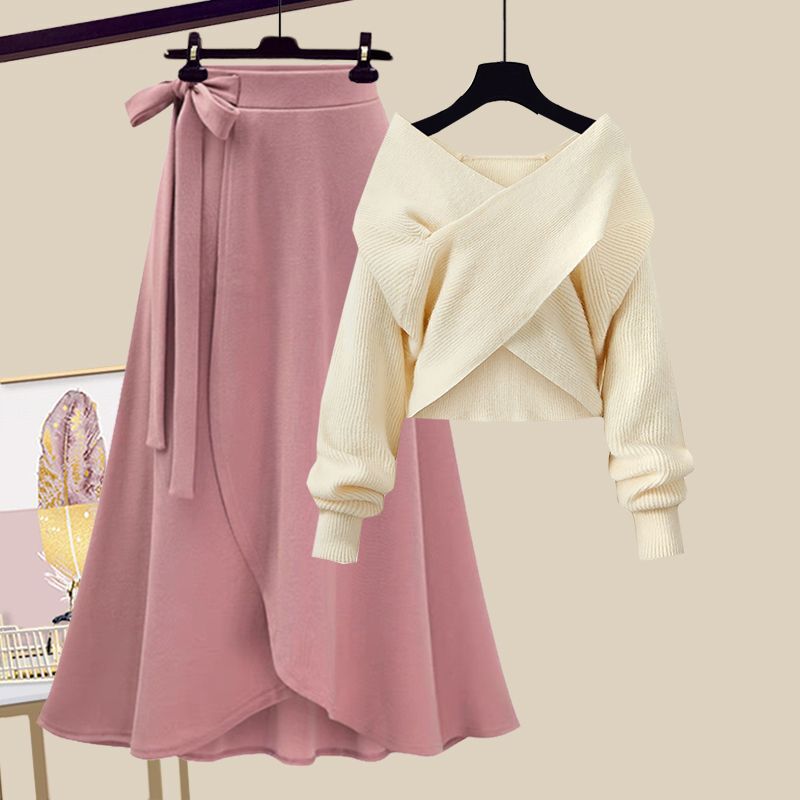 Conjunto de primavera/verano para mujer, suéter cruzado ajustado coreano grande, media falda de cintura alta, conjunto de dos piezas a la moda, novedad de 2023