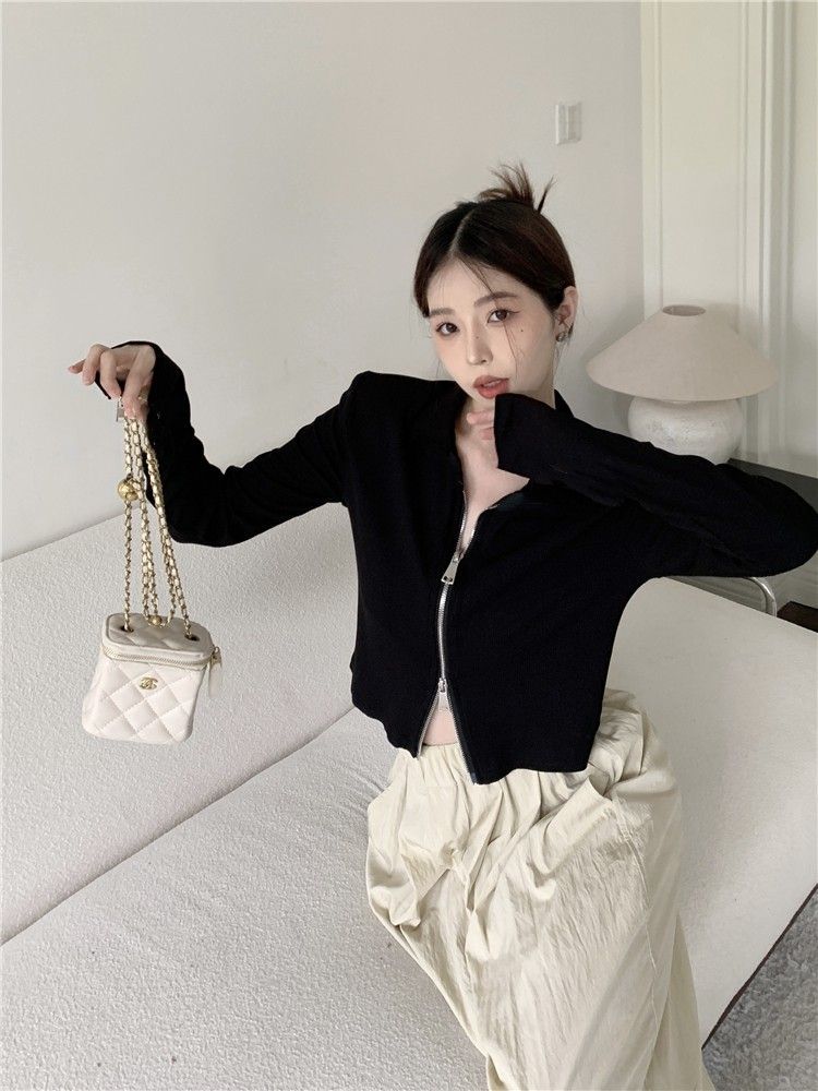 Cardigan de Malha Preto para Mulheres, Casaco de Manga Curta para Primavera e Outono, Csa Base com Zíper Longo, Top Sexy c...