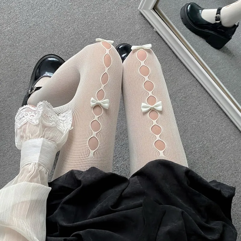 Japanese Sweet Lolita Tights Women Kawaii White Bow Panty Socks Female JK Style Black Sexy Fishnets Stockings Thigh High Socks