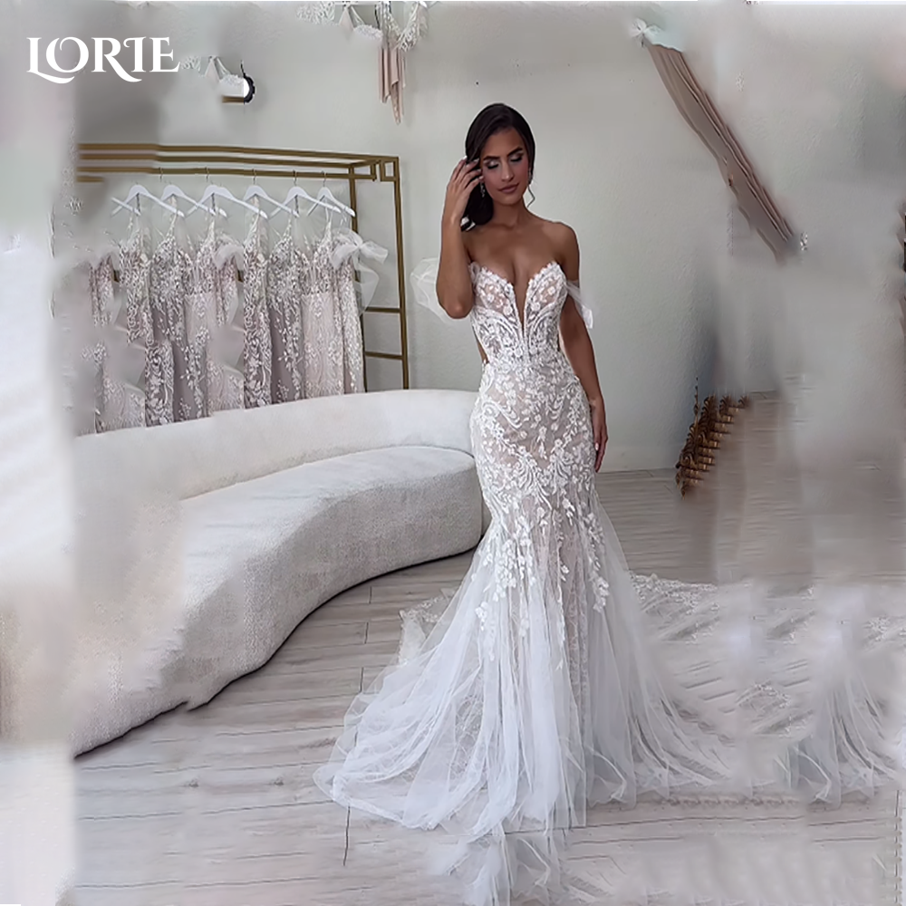 LORIE Boho Meerjungfrau Hochzeitskleid Spitze Applikationen Rückenfreies Bobycon Brautkleid Off-Shoulder Sweep Tail Brautkleider Maßgeschneidert