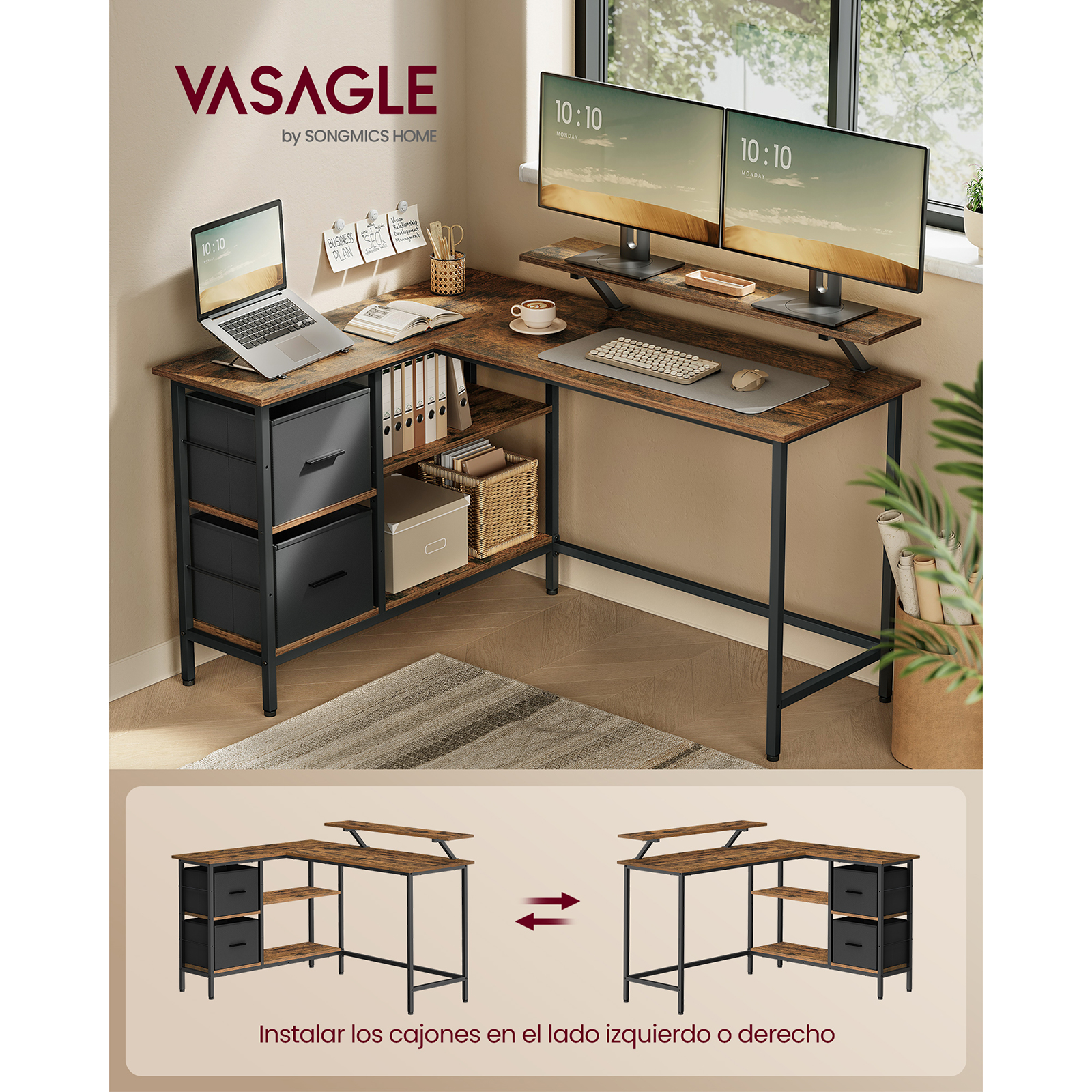 VASAGLE L-Shaped Desk: 2 Drawers, Monitor Stand. Corner/Gaming/Computer Desk. Adjustable Shelf. Home Office. Rustic Brown.