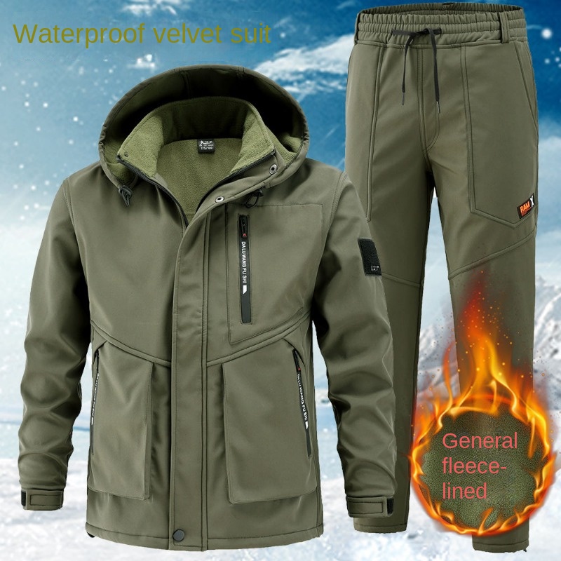 Fleece-Kapuzen jacken Herren-Sets wind dichte, wasserdichte, thermisch lässige 2-teilige Jacken im Freien, verschleiß feste, gerade Cargo hose