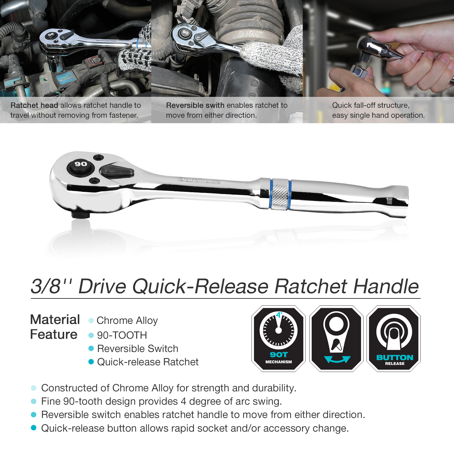 DURATECH 3/8" Dr. 90-Tooth Quick-release Ratchet Handle Reversible Drive Ratchet Wrench Full Polished Home DIY Hand Tools