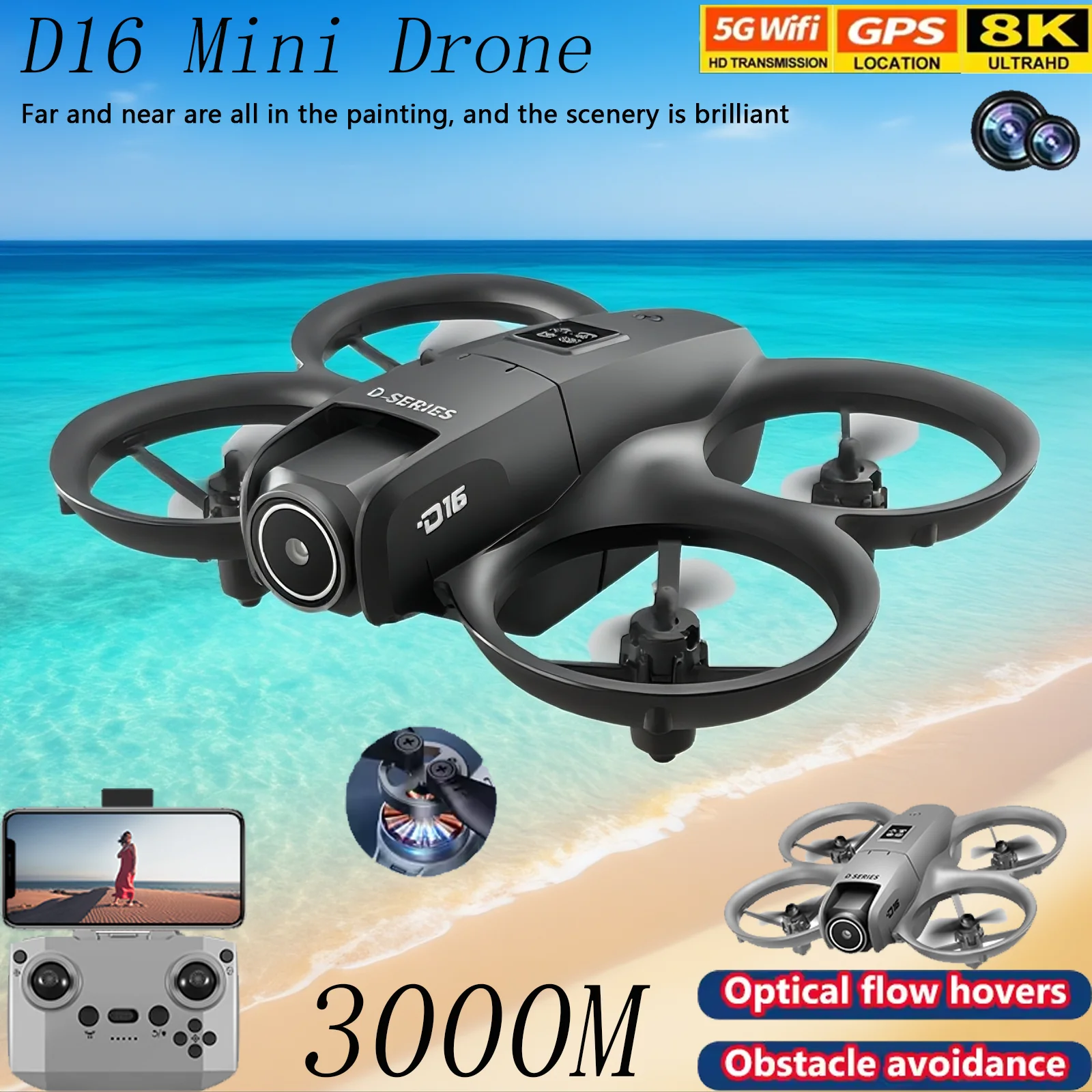 D16 mini drones motores sem ônibus 8k hd aéreo profissional helicópteros de câmera dupla fluxo óptico gps posicionamento evitar dron uav