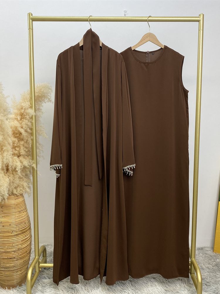 Eid muçulmano abaya feminino 2 peça conjunto com vestido interno diamante quimono cardigan ramadan abayas kaftan dubai longo robe vestidos largo