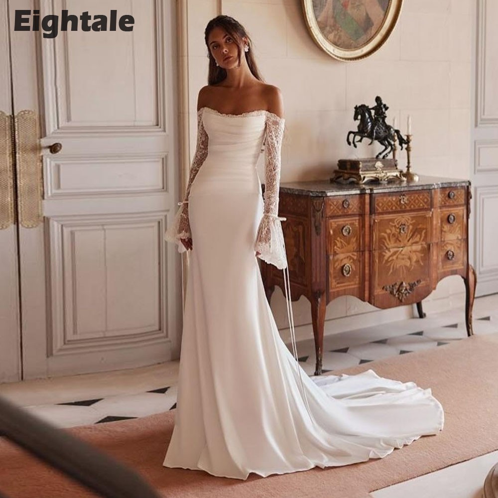 Acht Boho arabische Brautkleid Schaufel Spitze angepasst weiß Elfenbein lange Ärmel Meerjungfrau Brautkleid Robe de Mariée