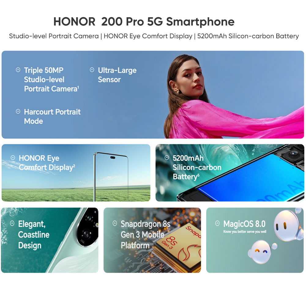 2024 Global Version HONOR 200 Pro Snapdragon 8s Gen 3 5G Smart phone 6.78'' 120Hz AMOLED 5200mAh Large Battery 100W SuperCharge