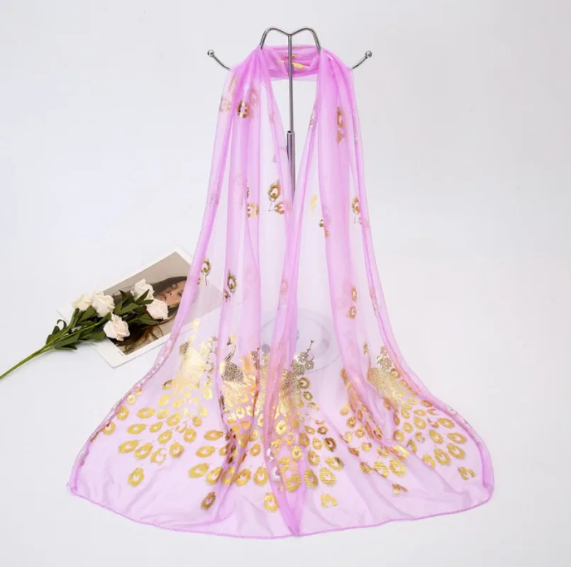 Ultra-thin and Soft Beach Scarf with Golden Peacock Feather Print for Travel and Vacation Sun Protection Shawl
