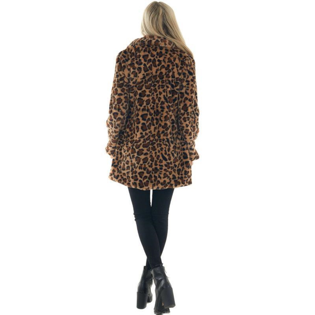Manteau en fausse fourrure à imprimé léopard pour femme, pardessus épais, manches longues, col rabattu, poche Oupilladt, automne, hiver, nouvelle mode