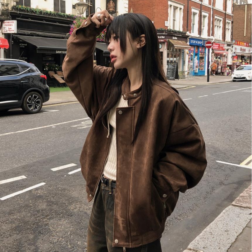 ChicAutumn/冬 ハーフポロ タートルネック ジッパー付きセーム革 ルーズフィット 長袖 ジャケット レディース ファッション アウター