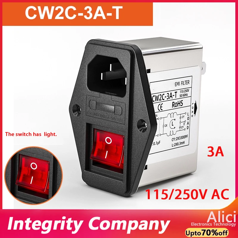 CW2B-3A/ 6A/10A-T power filter CW2C-3/6/10A-T receptacle type purification with dual safety switch with lamp EMI interference