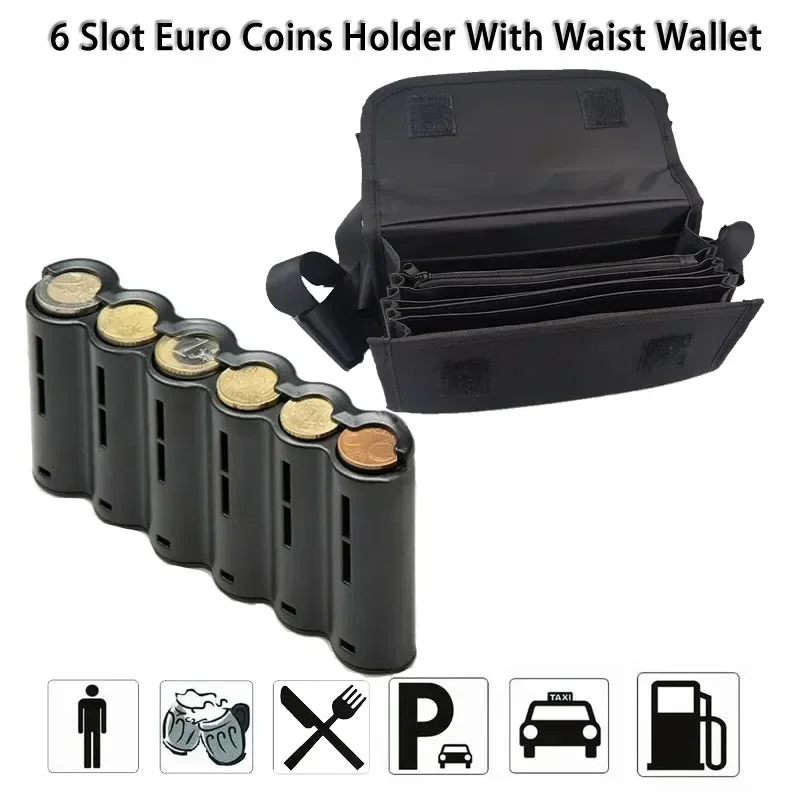 Distributeur de Pièces de Monnaie en Euro à 6 Fentes, Portefeuille de Taille avec Poche à Fermeture Éclair, Trieur, Collectionneur de Tickets de Caisse