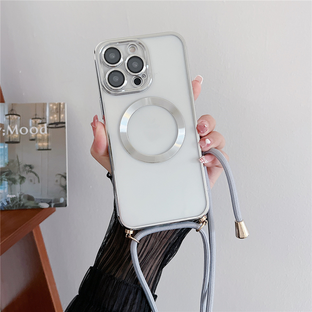 Chapado magnético transparente para fundas de carga inalámbrica Magsafe para iPhone 16 15 14 11 12 13 Pro Max, funda para collar con cordón cruzado