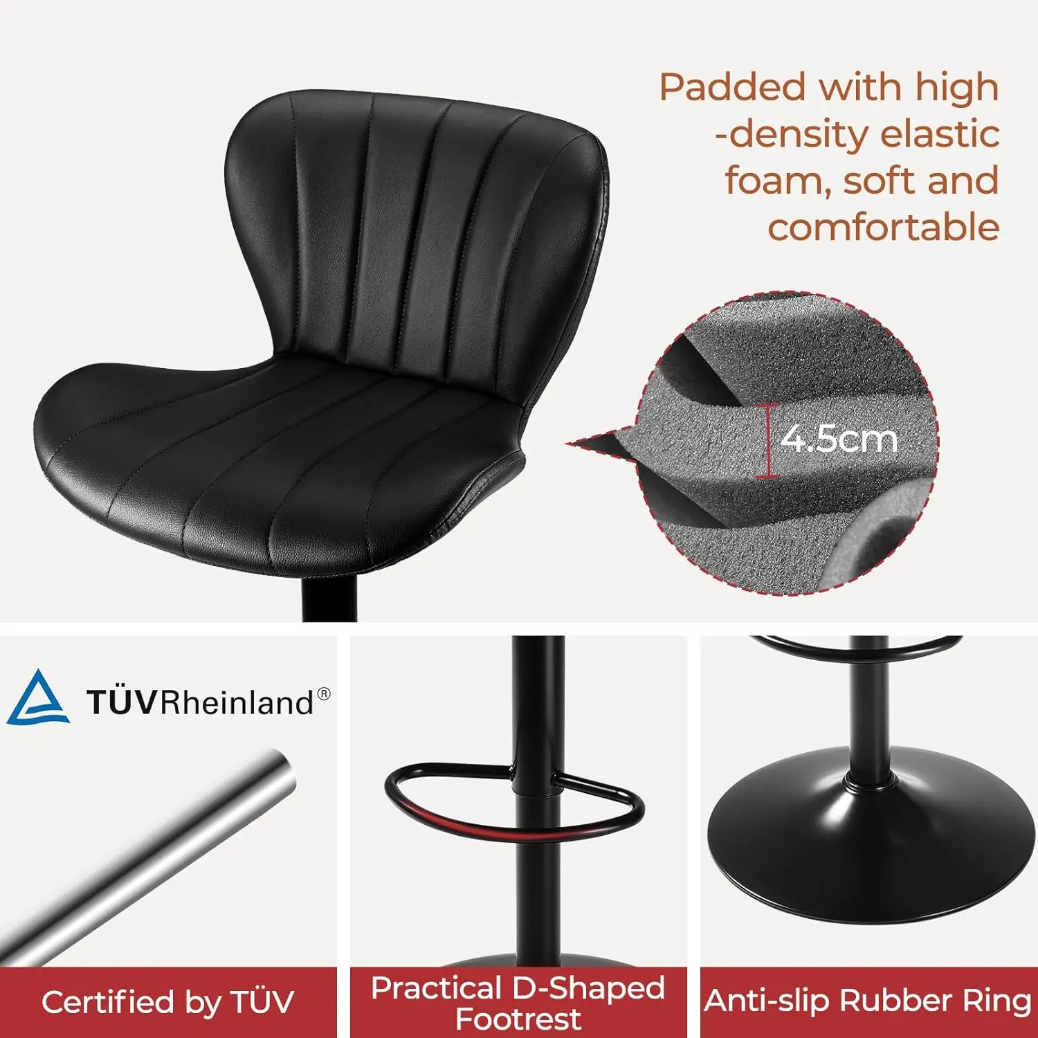 Ensemble de 2 tabourets de bar 360 °   Tabourets de bar pivotants réglables, chaises de bar à hauteur de comptoir avec dossier, bien rembourrées, cuir PU noir/gris