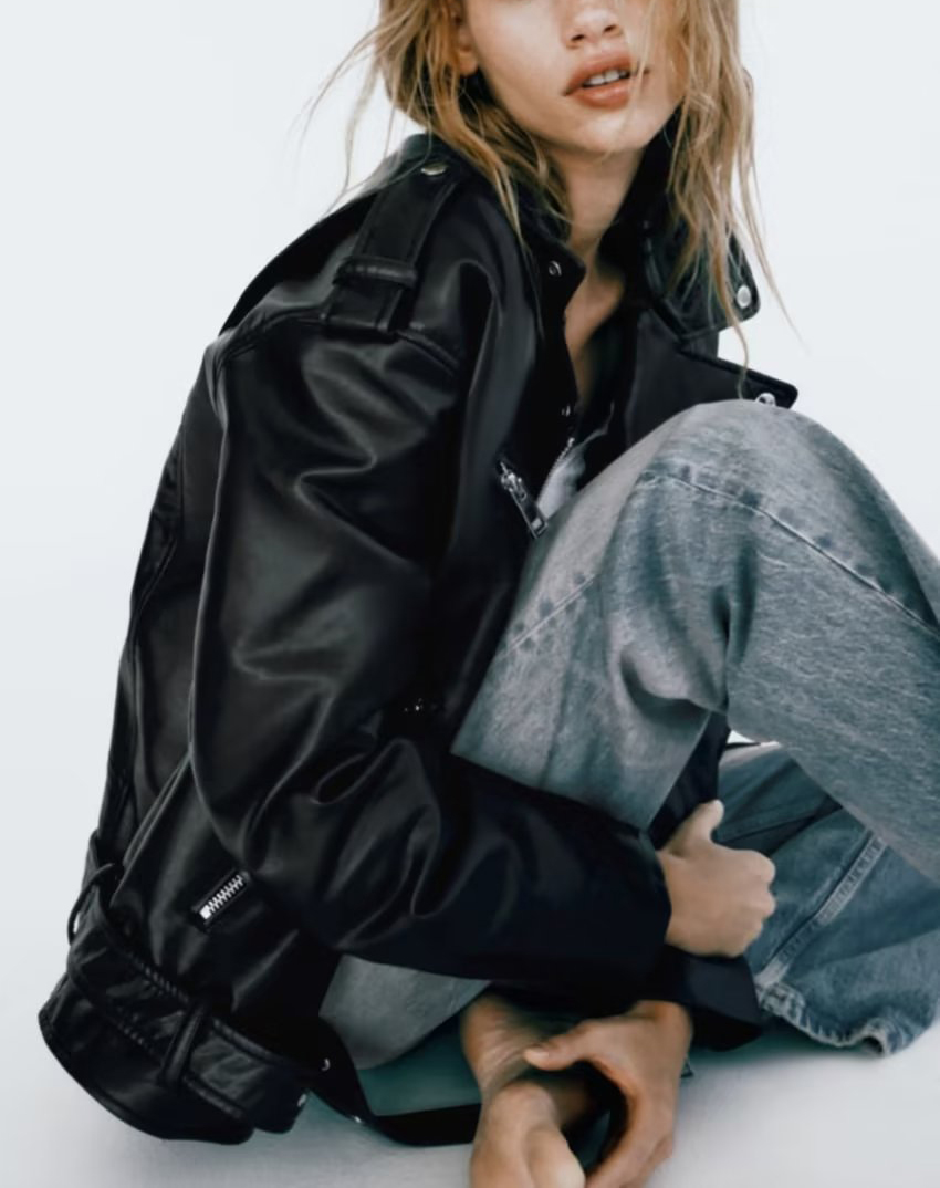 Jaqueta Fena de Couro PU Estilo Retrô Primavera Nova, Manga Longa Solta, Gola Lapela Preta, Moda Externa 34278