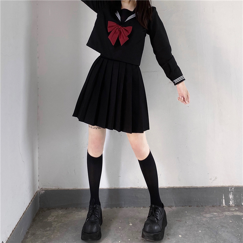 Uniforme escolar japonês meninas plus size jk terno gravata vermelha preto três básico uniforme de marinheiro feminino terno de manga longa